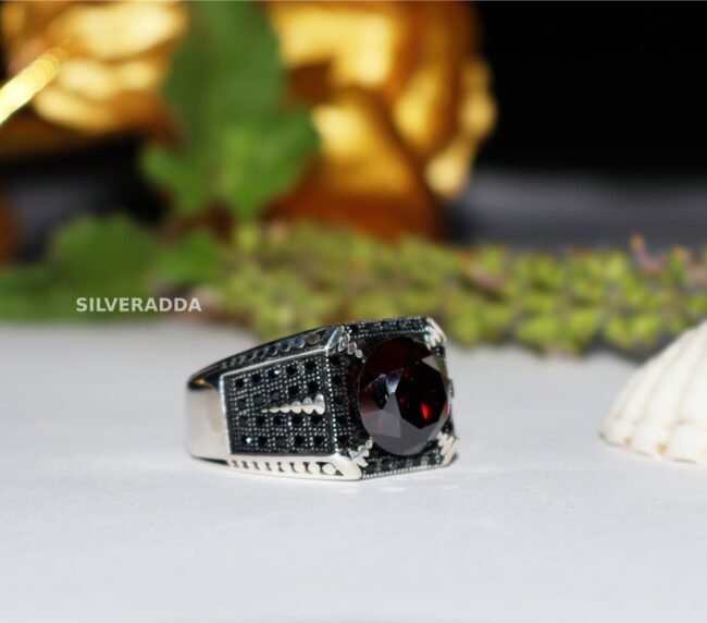 Elegant Red Ruby and Black Stones 925 Silver Ring for Men