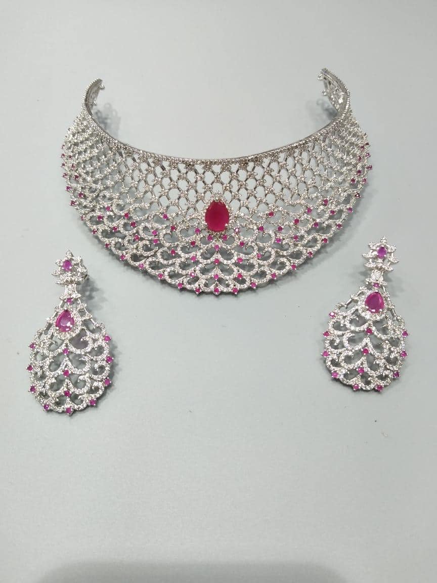 Silver Earring Necklace Set For Women's | Pink & Green Stone Italian