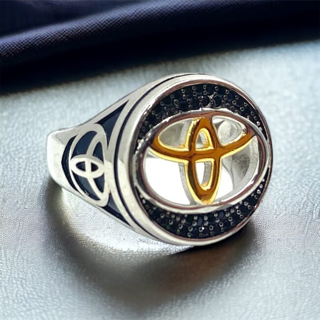 Men' Silver Ring | Golden Toyota Logo With Black Stone Ring