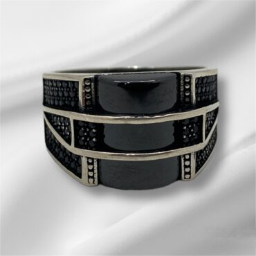 Men's Silver Ring | Rectangle Shape Solid Black Stone Design