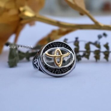 Men' Silver Ring | Golden Toyota Logo With Black Stone Ring