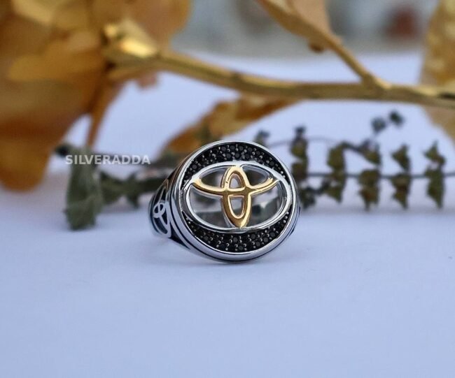 Men' Silver Ring | Golden Toyota Logo With Black Stone Ring