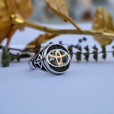 Men' Silver Ring | Golden Toyota Logo With Black Stone Ring