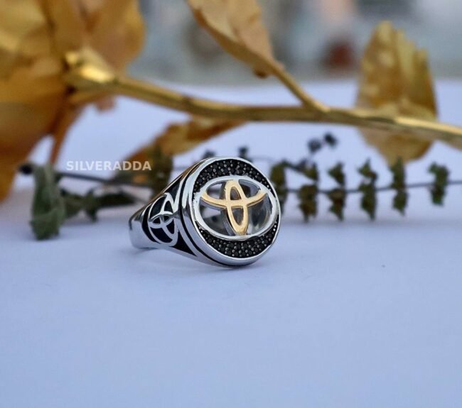 Men' Silver Ring | Golden Toyota Logo With Black Stone Ring