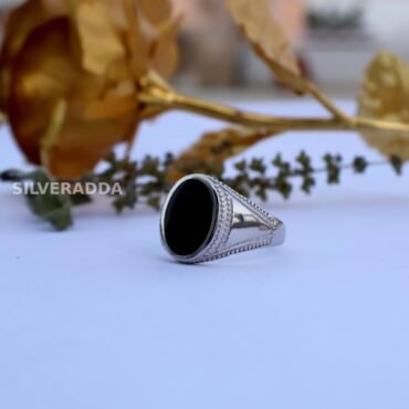 Men's Silver Ring Design | Round Shape Black Plate Ring