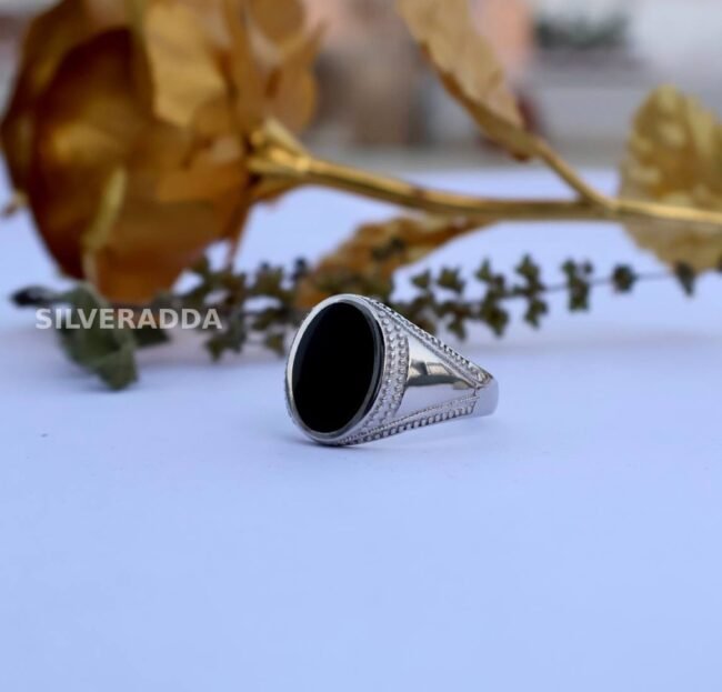 Men's Silver Ring Design | Round Shape Black Plate Ring