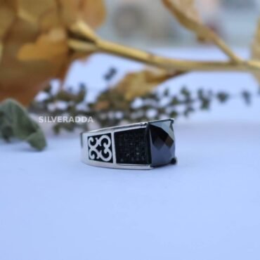 Men's Silver Ring | Rectangle Shape Solid Black Stone Design