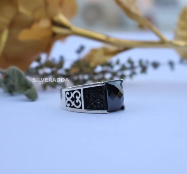 Men's Silver Ring | Rectangle Shape Solid Black Stone Design