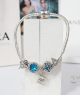 Silver Pandora Sparkling Round Charm With Evil Eye Charm Bracelet For Women