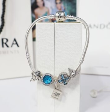 Silver Pandora Sparkling Round Charm With Evil Eye Charm Bracelet For Women