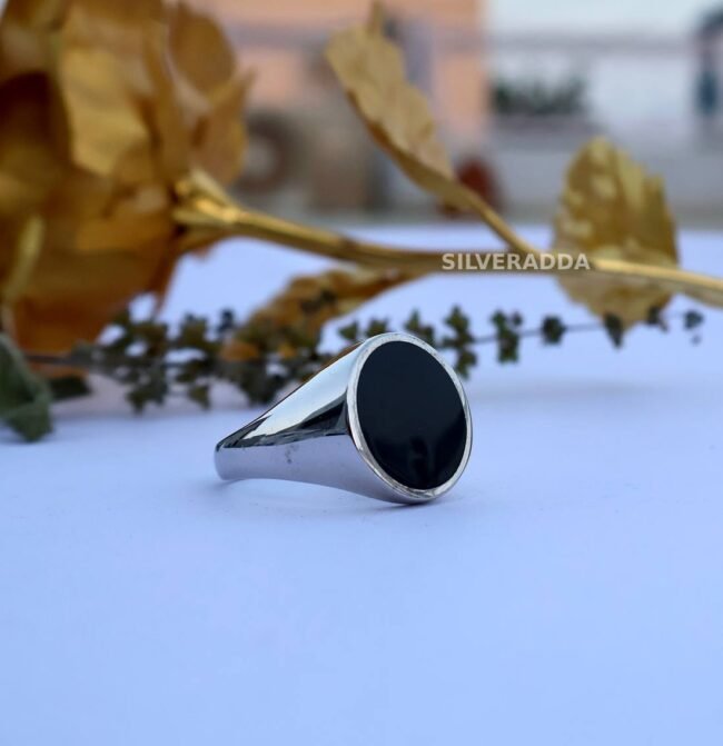 Silver Ring For Men's | Oval Shape Black Plate Design Ring