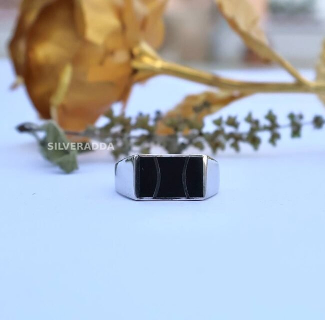 Silver Ring For Men's | Rectangle Shape Black Plate Design Ring