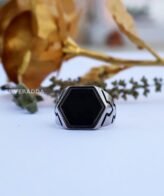 Stylish Hexagon Black Design Silver Ring for Men