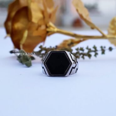 Stylish Hexagon Black Design Silver Ring for Men