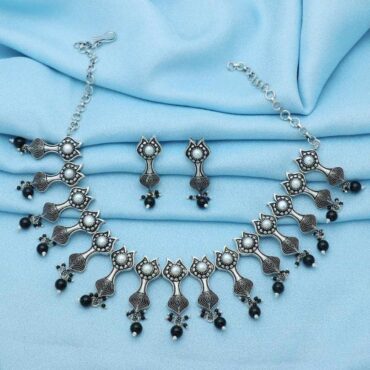 silver choker neclace earrings set for womens