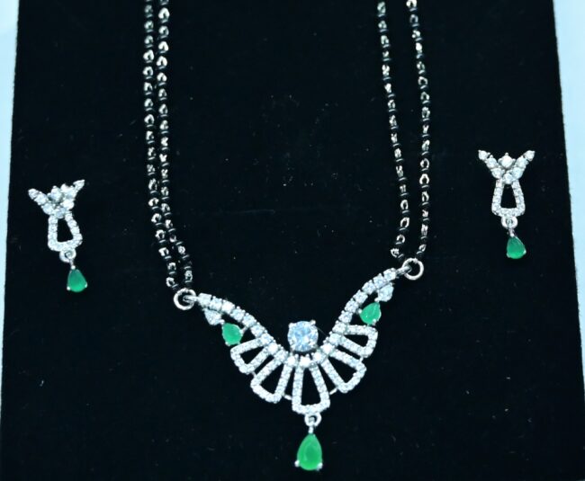 Pure Silver Magalsutra For Women | 925 Silver Green Diamond Mangalsutra Earring Set | Silveradda