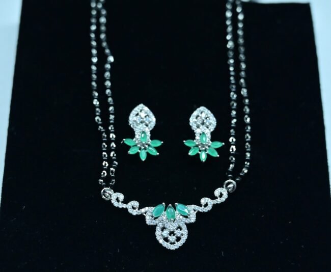 Pure Silver Magalsutra For Women | 925 Silver Green Mangalsutra Earring Set | Silveradda