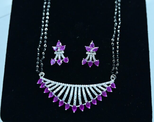 Pure Silver Magalsutra For Women | 925 Silver Purple Stone Mangalsutra Earring Set | Silveradda