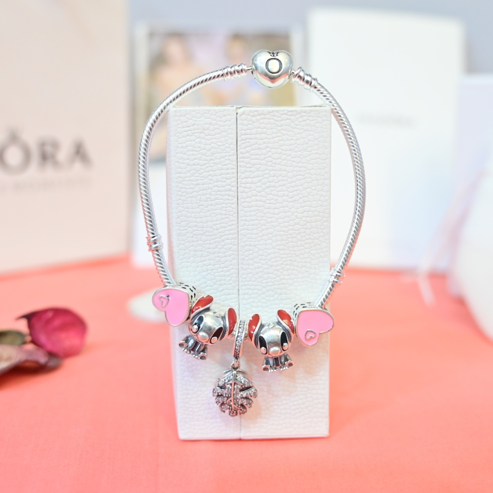 Pandora Bracelet with Pink Flower Themed Charms - Jewelry
