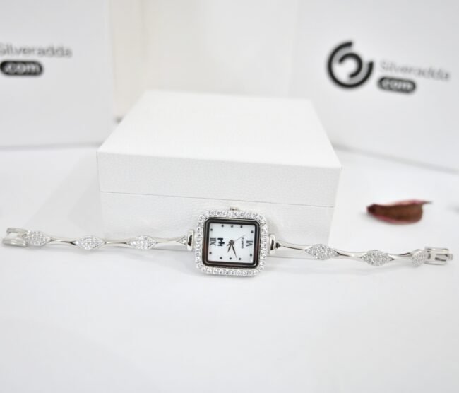 Silver White Diamond Square Watch For Womens