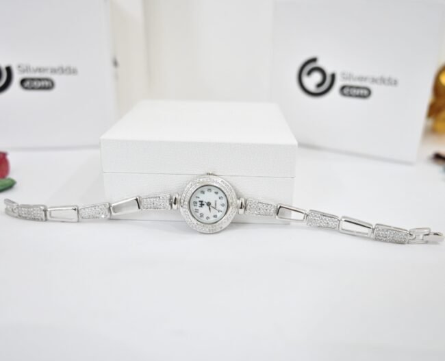 Silver White Diamond Round Shape Watch for Women