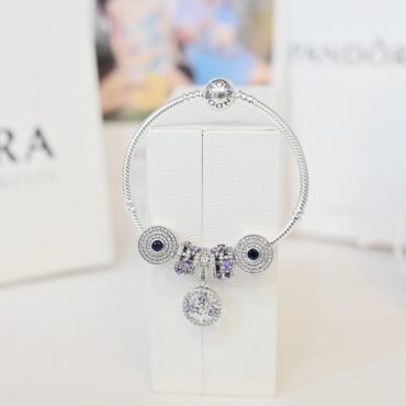 Authentic Pandora SSilver Barrel Charm Bracelet w/European Charms Beads  7.5