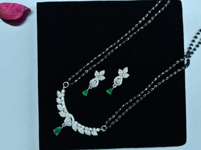 Green Stone Silver Magalsutra For Women | 925 Silver Mangalsutra Earring Set | Silveradda