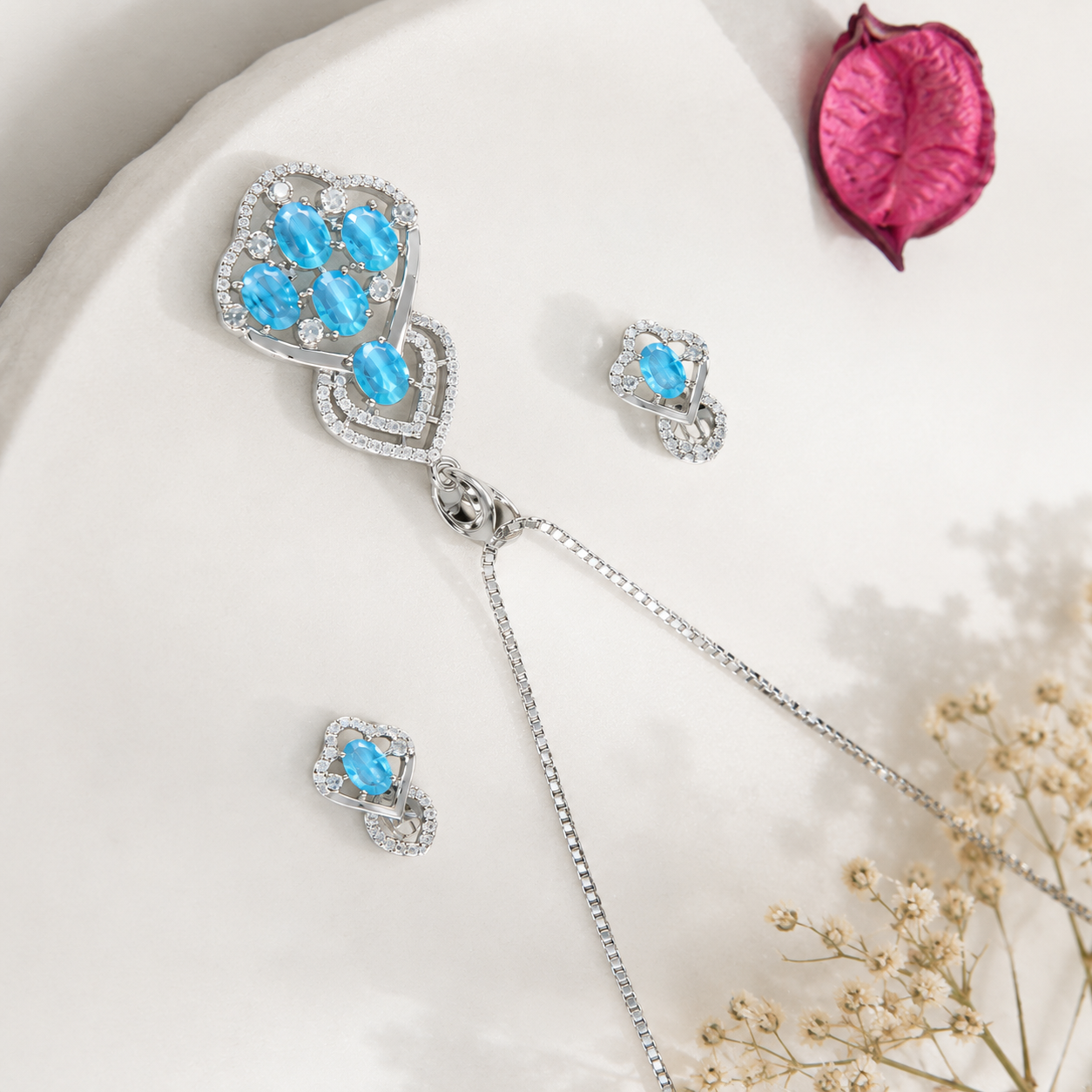 Blue Crystal Silver Necklace Set | Pure Silver Chain Pendant Set By Silveradda