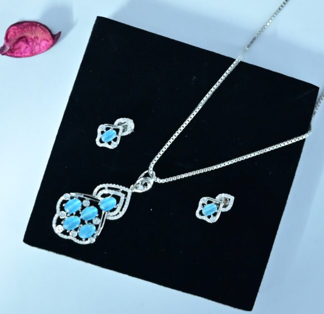 Blue Crystal Silver Necklace Set | Pure Silver Chain Pendant Set By Silveradda