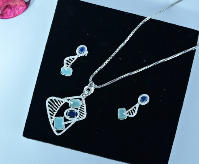 Blue Stone Silver Necklace Set | Pure Silver Chain Pendant Set By Silveradda