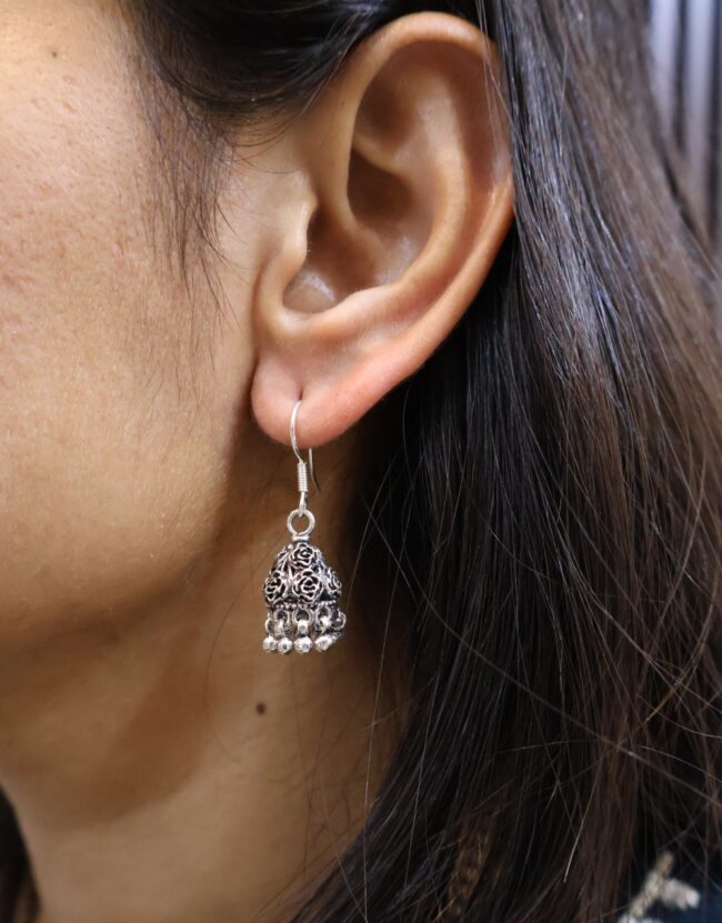 Flower Design Hanging Silver Earrings | 925 Silver Jhumki Earrings By Silveradda