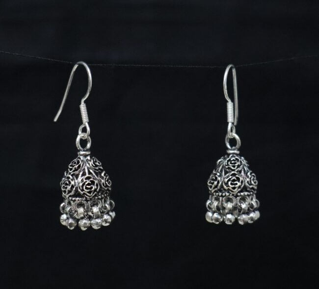 Flower Design Hanging Silver Earrings | 925 Silver Jhumki Earrings By Silveradda