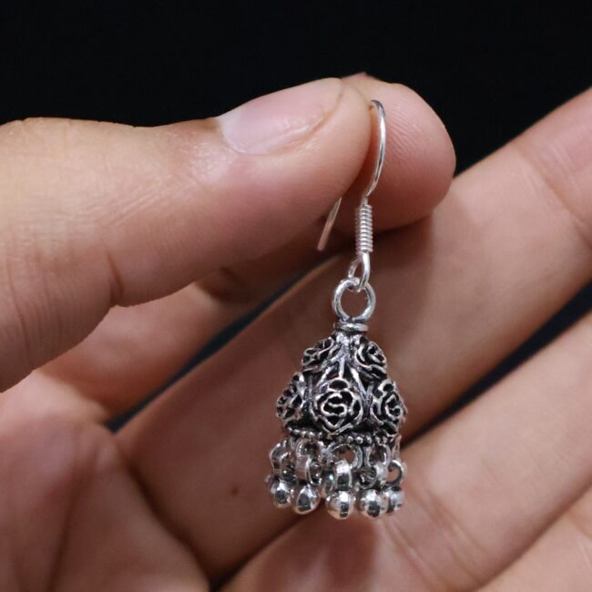 Flower Design Hanging Silver Earrings | 925 Silver Jhumki Earrings By Silveradda