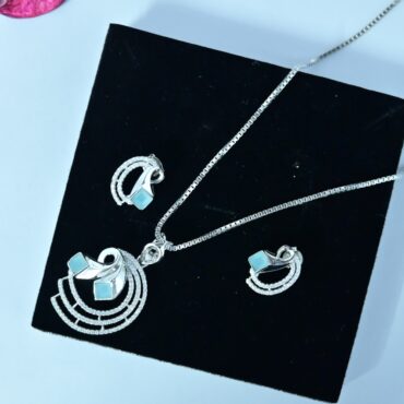 Light Blue Crystal Silver Necklace Set | Pure Silver Chain Pendant Set By Silveradda
