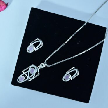Light Pink Crystal Silver Necklace Set | Pure Silver Chain Pendant Set By Silveradda