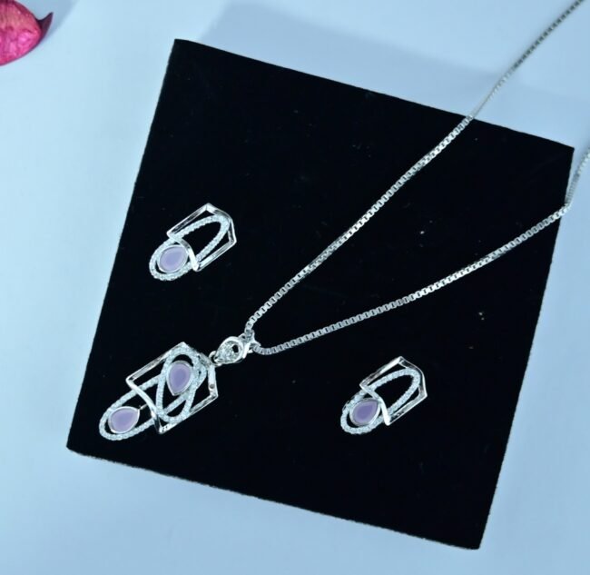 Light Pink Crystal Silver Necklace Set | Pure Silver Chain Pendant Set By Silveradda