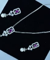 Pink Crystal Silver Necklace Set | Pure Silver Chain Pendant Set By Silveradda