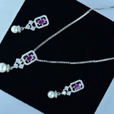 Pink Crystal Silver Necklace Set | Pure Silver Chain Pendant Set By Silveradda