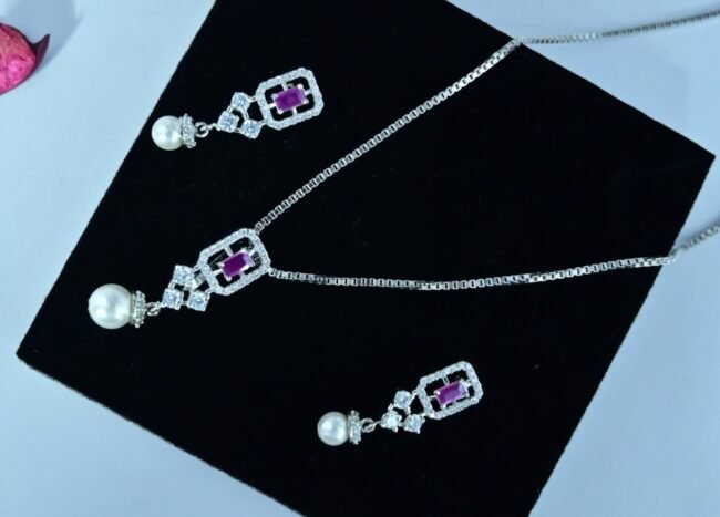 Pink Crystal Silver Necklace Set | Pure Silver Chain Pendant Set By Silveradda