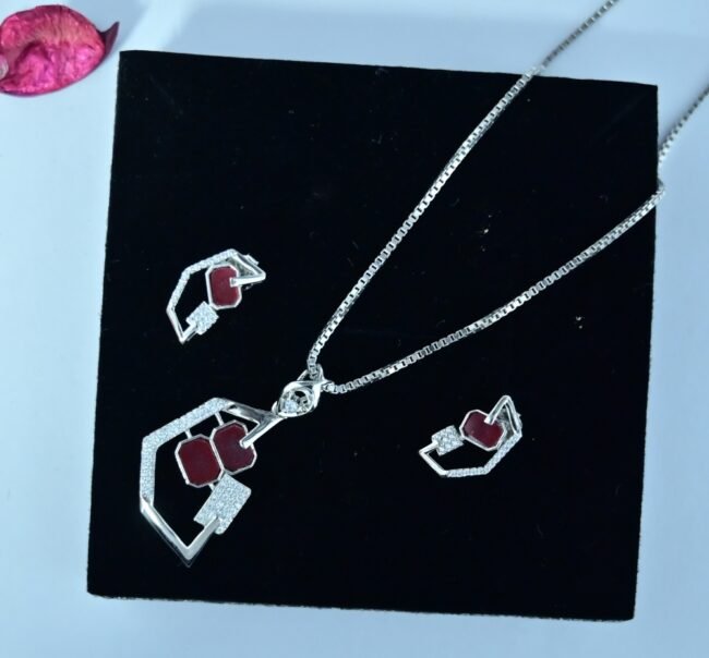 Red Crystal Silver Necklace Set | Pure Silver Chain Pendant Set By Silveradda