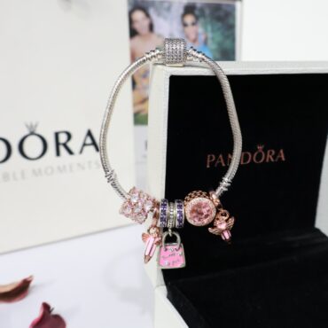 Silver Pandora Handbag And Pink Charm Bracelet For Women