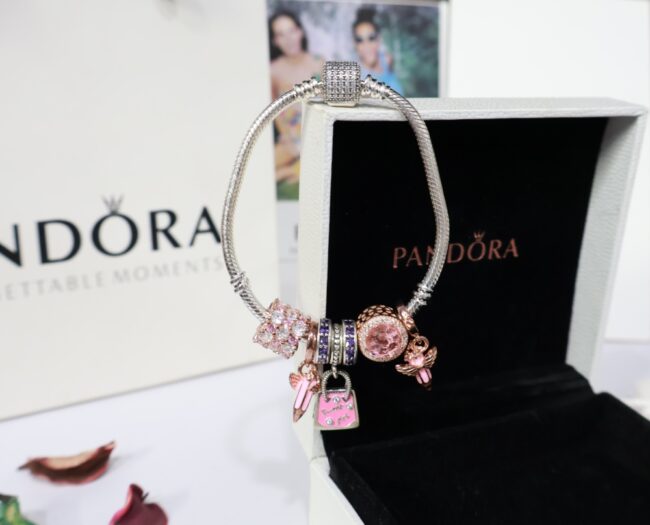 Silver Pandora Handbag And Pink Charm Bracelet For Women