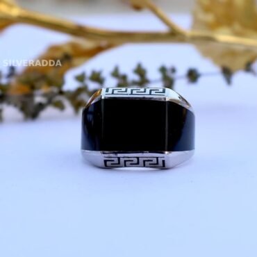 Stylish Black Versace Design Silver Ring for Men