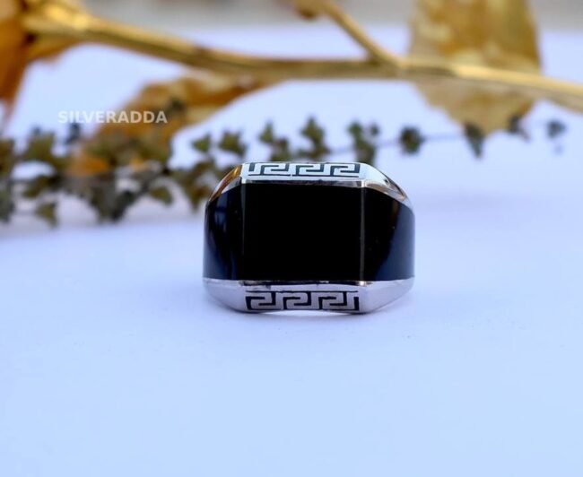 Stylish Black Versace Design Silver Ring for Men