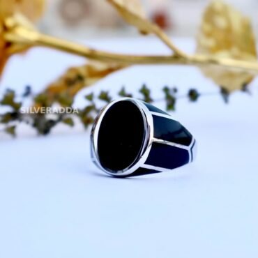 Elegant Black Oval Shape Design Silver Ring for Men