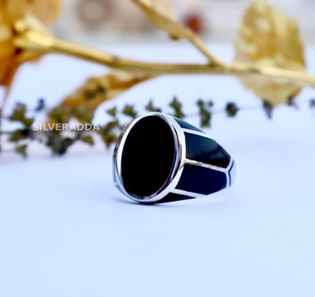 Elegant Black Oval Shape Design Silver Ring for Men