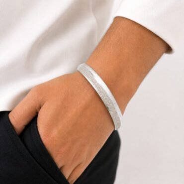 Fancy dotted side design v-shape silver kada for men