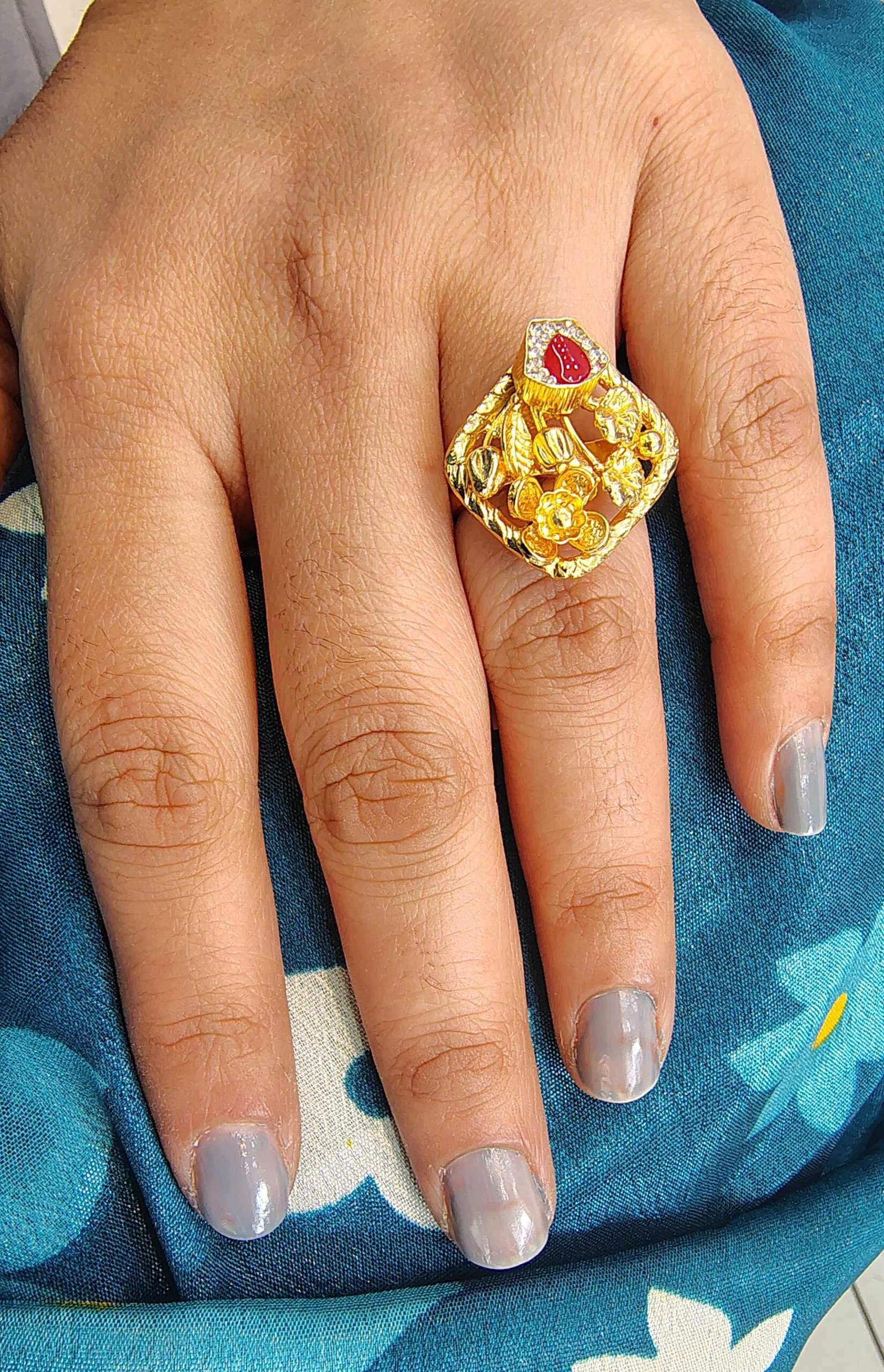 Gold-Plated Floral Silver Ring with Red Kundan and Gemstone | Silveradda