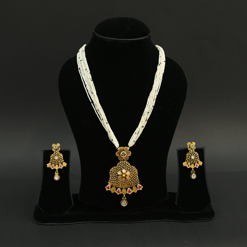 Beaded Mala Necklace Set – Antique Gold Plated Pendant & Earrings Silveradda