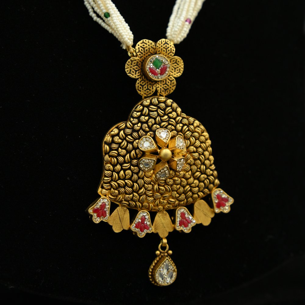 Beaded Mala Necklace Set – Antique Gold Plated Pendant & Earrings Silveradda